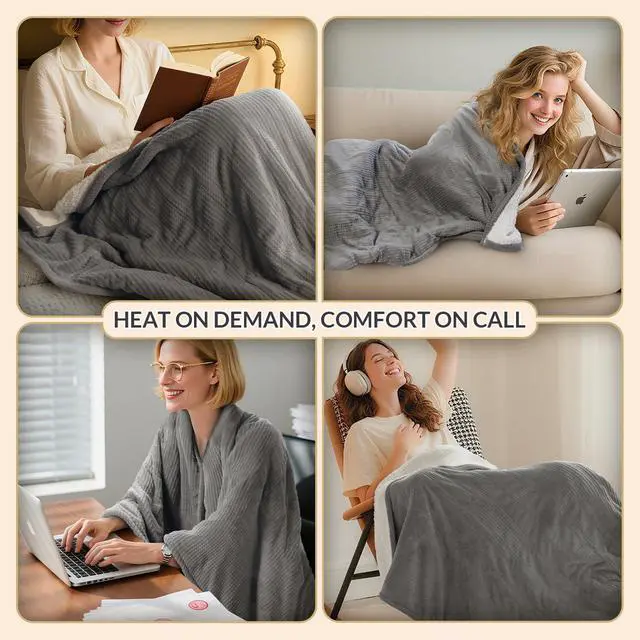 Alt view image 6 of 7 - LuxeHeat Heated Blanket Throw, Soft Flannel Sherpa, Electric Blanket 5 Heat Settings, Fast Heating, Heating Throw Blanket 3 Hours Timer Auto Shut Off, Machine Washable, 50×60 Inches, Grey