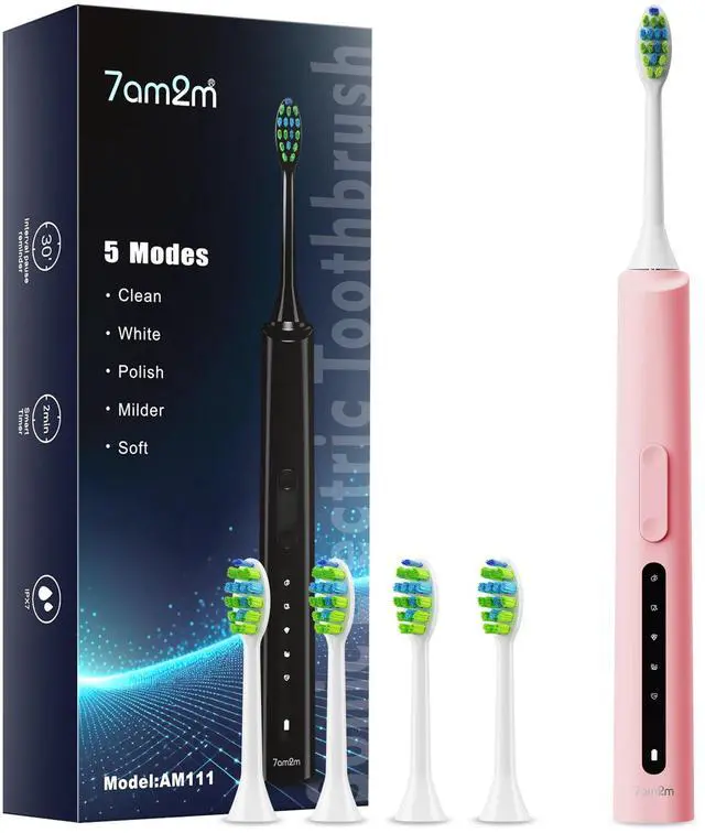 Main image of 7AM2M Sonic Electric Toothbrush, High Power Rechargeable Toothbrushes, 5 Modes with 2 Minutes Built in Smart Timer, with 4 Brush Heads for Adults and Kids, One Charge for 60 Days (Pink)