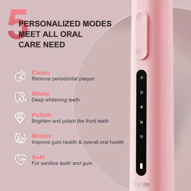 Alt view image 2 of 6 - 7AM2M Sonic Electric Toothbrush, High Power Rechargeable Toothbrushes, 5 Modes with 2 Minutes Built in Smart Timer, with 4 Brush Heads for Adults and Kids, One Charge for 60 Days (Pink)