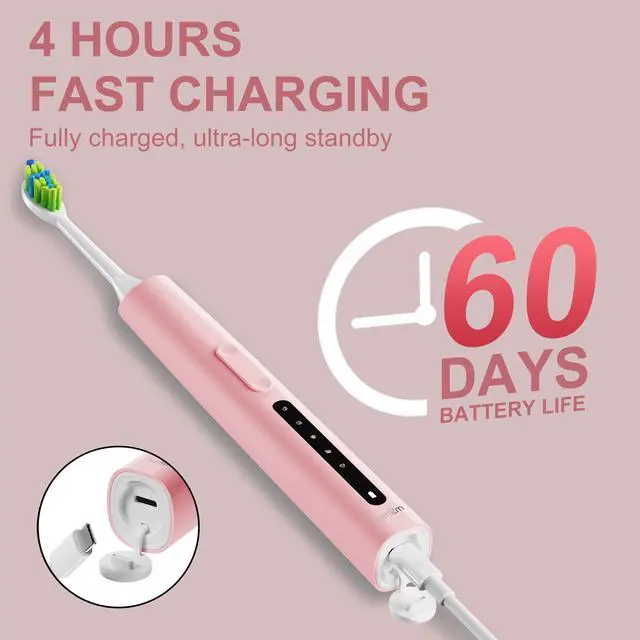 Alt view image 4 of 6 - 7AM2M Sonic Electric Toothbrush, High Power Rechargeable Toothbrushes, 5 Modes with 2 Minutes Built in Smart Timer, with 4 Brush Heads for Adults and Kids, One Charge for 60 Days (Pink)