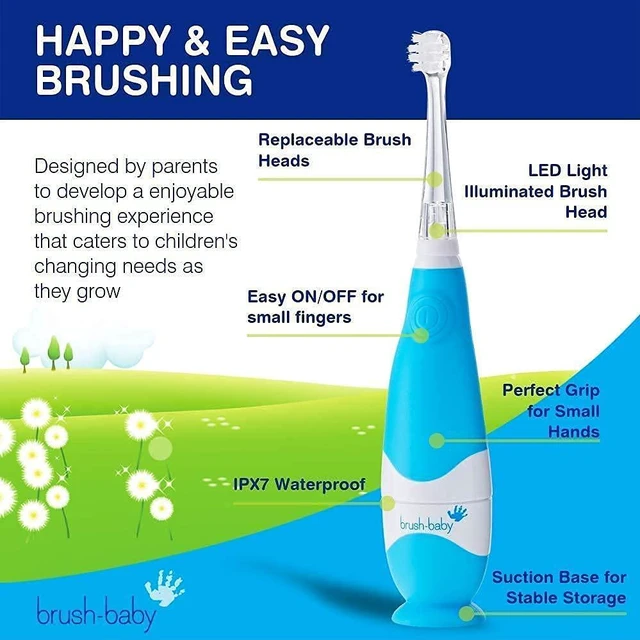 Alt view image 3 of 7 - BabySonic Blue Electric Toothbrush, 0-36 Months - Soft, Gentle Vibrating Toothbrush for Sensitive Gums & New Teeth - with LED Light & Suction Base - Baby & Toddler Brush Heads
