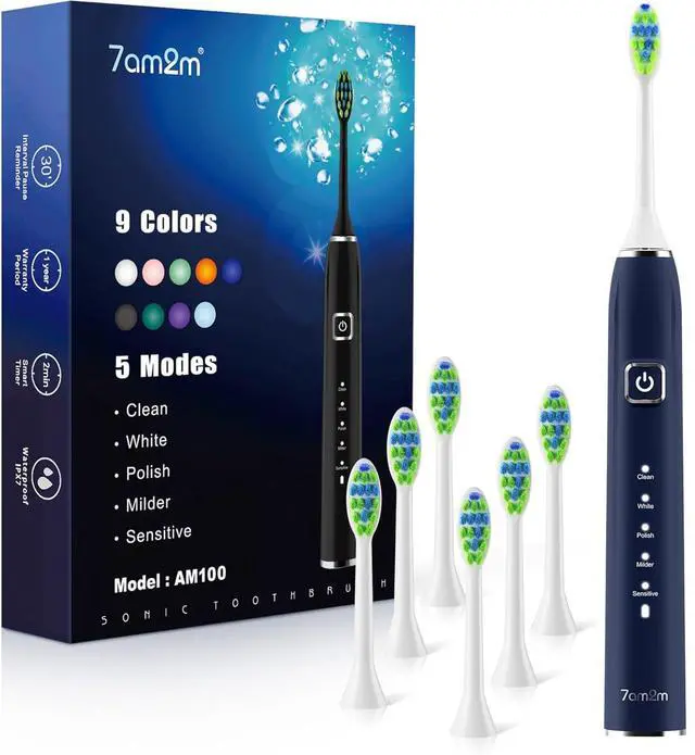 Main image of 7AM2M Ultrasonic Electric Toothbrush with 6 Brush Heads for Adults&Kids, Type C Rechargeable, One Charge for 120 Days, 5 Modes&40000VPM Powered Toothbrush, 2 Minutes Built in Smart Timer (Navy Blue)
