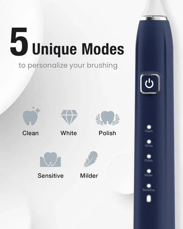 Alt view image 5 of 7 - 7AM2M Ultrasonic Electric Toothbrush with 6 Brush Heads for Adults&Kids, Type C Rechargeable, One Charge for 120 Days, 5 Modes&40000VPM Powered Toothbrush, 2 Minutes Built in Smart Timer (Navy Blue)