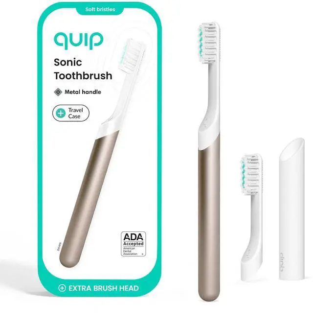 Main image of Metal Sonic Electric Toothbrush for Adults - Time Travel & Soft Bristles with Travel Case & Replacement Brush Head - 3 Month Battery Life, Dawn Peach Gold