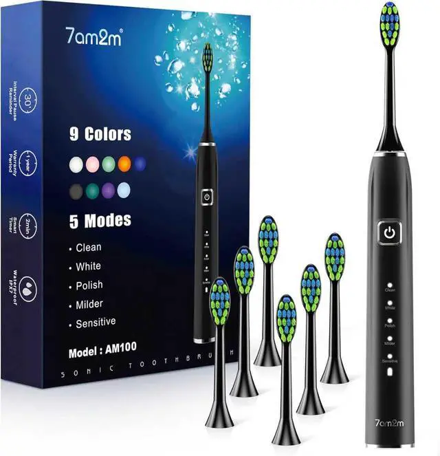 Main image of 7AM2M Ultrasonic Electric Toothbrush with 6 Brush Heads for Adults&Kids, Type C Rechargeable, One Charge for 120 Days, 5 Modes&40000VPM Powered Toothbrush, 2 Minutes Built in Smart Timer (Black)