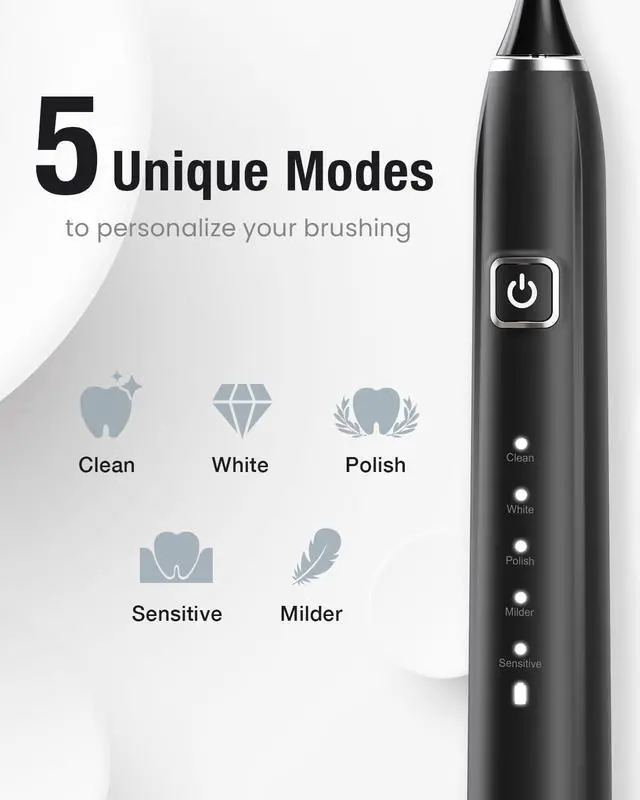 Alt view image 5 of 7 - 7AM2M Ultrasonic Electric Toothbrush with 6 Brush Heads for Adults&Kids, Type C Rechargeable, One Charge for 120 Days, 5 Modes&40000VPM Powered Toothbrush, 2 Minutes Built in Smart Timer (Black)