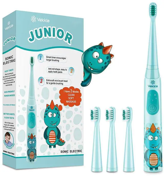 Main image of Vekkia Sonic Rechargeable Kids Electric Toothbrush, 3 Modes with Memory, Fun & Easy Cleaning, 24000 Strokes, IPX7 Waterproof, 2-Min Timer for Age 5+, 4 Soft Bristles(Blue)