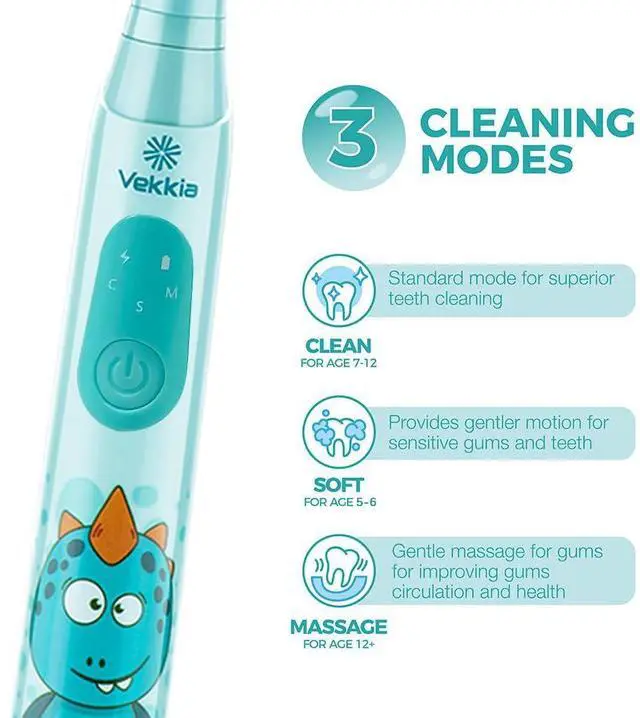 Alt view image 3 of 7 - Vekkia Sonic Rechargeable Kids Electric Toothbrush, 3 Modes with Memory, Fun & Easy Cleaning, 24000 Strokes, IPX7 Waterproof, 2-Min Timer for Age 5+, 4 Soft Bristles(Blue)