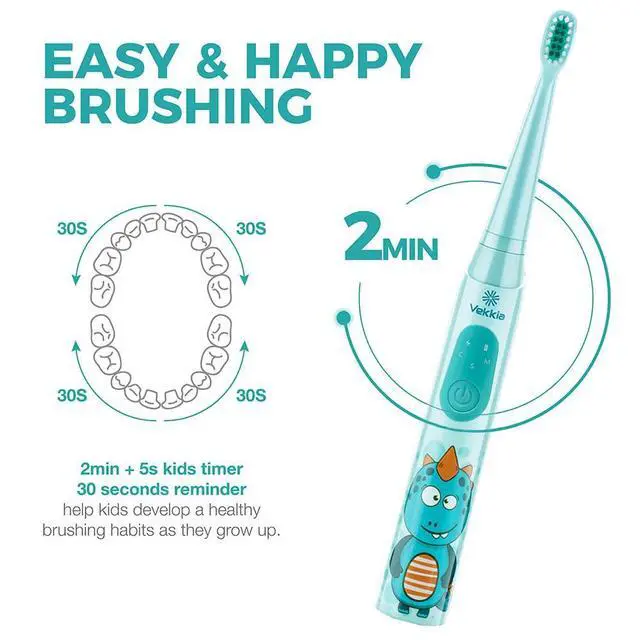 Alt view image 4 of 7 - Vekkia Sonic Rechargeable Kids Electric Toothbrush, 3 Modes with Memory, Fun & Easy Cleaning, 24000 Strokes, IPX7 Waterproof, 2-Min Timer for Age 5+, 4 Soft Bristles(Blue)