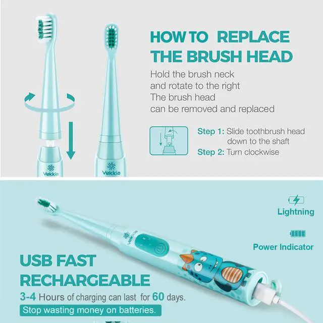 Alt view image 5 of 7 - Vekkia Sonic Rechargeable Kids Electric Toothbrush, 3 Modes with Memory, Fun & Easy Cleaning, 24000 Strokes, IPX7 Waterproof, 2-Min Timer for Age 5+, 4 Soft Bristles(Blue)