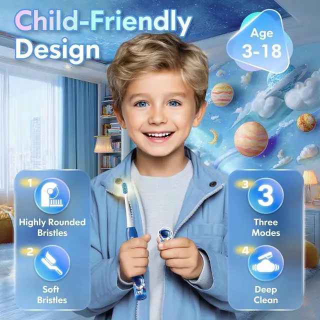 Alt view image 2 of 7 - Electric Toothbrush Kids Age 3-5-7-8-12 Year Old, Childrens Electric Toothbrush Rechargeable with Timer 3 Modes 4 Vibrating Heads Habit Stickers 31000VPM Boys Electric Tooth brush (Astronaut Blue)