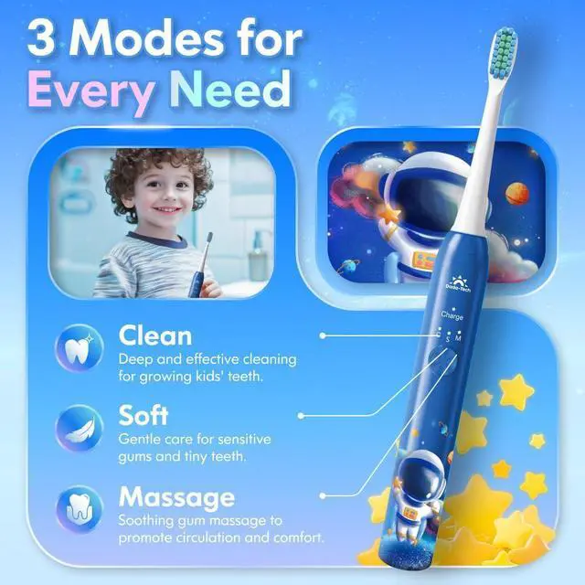 Alt view image 4 of 7 - Electric Toothbrush Kids Age 3-5-7-8-12 Year Old, Childrens Electric Toothbrush Rechargeable with Timer 3 Modes 4 Vibrating Heads Habit Stickers 31000VPM Boys Electric Tooth brush (Astronaut Blue)