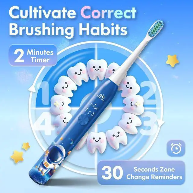 Alt view image 5 of 7 - Electric Toothbrush Kids Age 3-5-7-8-12 Year Old, Childrens Electric Toothbrush Rechargeable with Timer 3 Modes 4 Vibrating Heads Habit Stickers 31000VPM Boys Electric Tooth brush (Astronaut Blue)