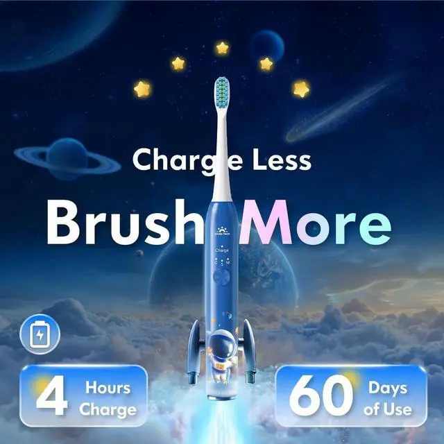 Alt view image 7 of 7 - Electric Toothbrush Kids Age 3-5-7-8-12 Year Old, Childrens Electric Toothbrush Rechargeable with Timer 3 Modes 4 Vibrating Heads Habit Stickers 31000VPM Boys Electric Tooth brush (Astronaut Blue)