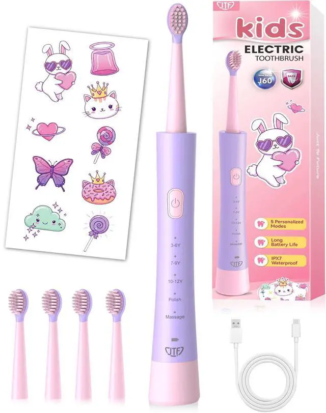 Main image of Rechargeable Electric Toothbrush for Kids: 5 Gentle Modes for Ages 3+, Safe & Effective for Sensitive Teeth - with Fun DIY Stickers, 4 Soft Brush Heads, Children Sonic Toothbrush for Home & School