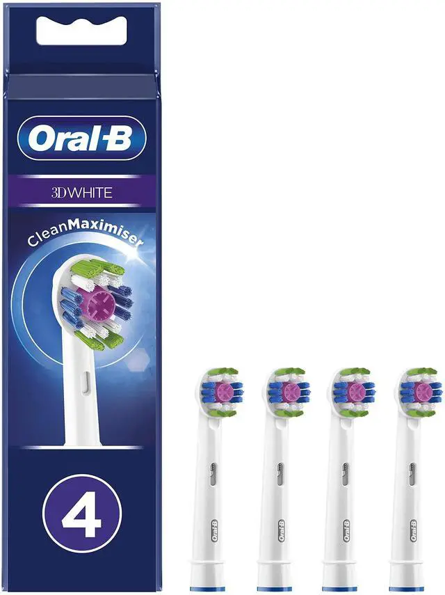 Main image of Oral-B 3D White Electric Toothbrush Head with CleanMaximiser Technology, Angled Bristles for Deeper Plaque Removal, Pack of 4, White