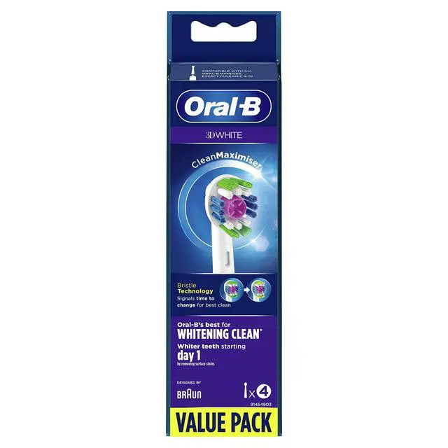 Alt view image 3 of 7 - Oral-B 3D White Electric Toothbrush Head with CleanMaximiser Technology, Angled Bristles for Deeper Plaque Removal, Pack of 4, White