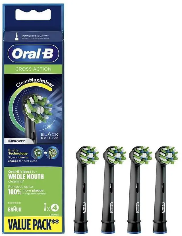 Main image of Oral-B Cross Action Replacement Brush Heads for an Oral-B Electric Toothbrush, Pack of 4, Black
