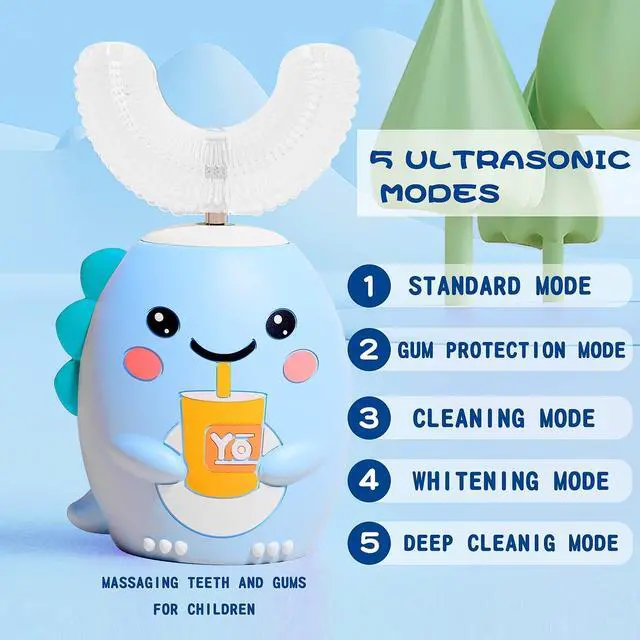 Alt view image 2 of 6 - DYCROL Kids U Shaped Electric Toothbrush with 4 Brush Heads, Sonic Toothbrush Kids with 5 Modes, Cartoon Dinosaur 360-Degree Cleaning IPX7 Waterproof Design (6-12 Age (Blue))