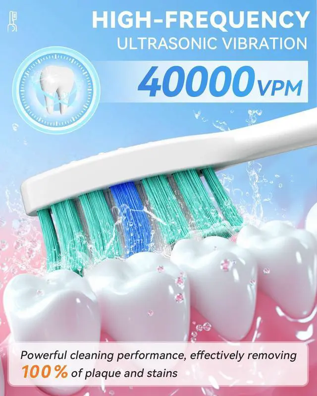 Alt view image 3 of 7 - Sonic Electric Toothbrush with 40000VPM Cleaning Power for Adults&Kids, 60-Day Battery Life Rechargeable Power Toothbrush with 5 Modes, 2-Min Smart Timer, 7 Brush Heads & Travel Case (White)
