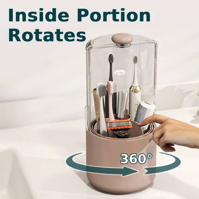 Alt view image 4 of 7 - YOOLENS Toothbrush Holder with Cover 360 Rotating 4 Compartments Bathroom Toothpaste Electric Toothbrush Organizer, Pink
