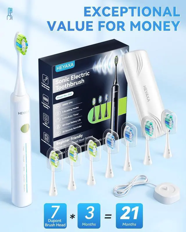 Alt view image 7 of 7 - Sonic Electric Toothbrush with 40000VPM Cleaning Power for Adults&Kids, 60-Day Battery Life Rechargeable Power Toothbrush with 5 Modes, 2-Min Smart Timer, 7 Brush Heads & Travel Case (White)
