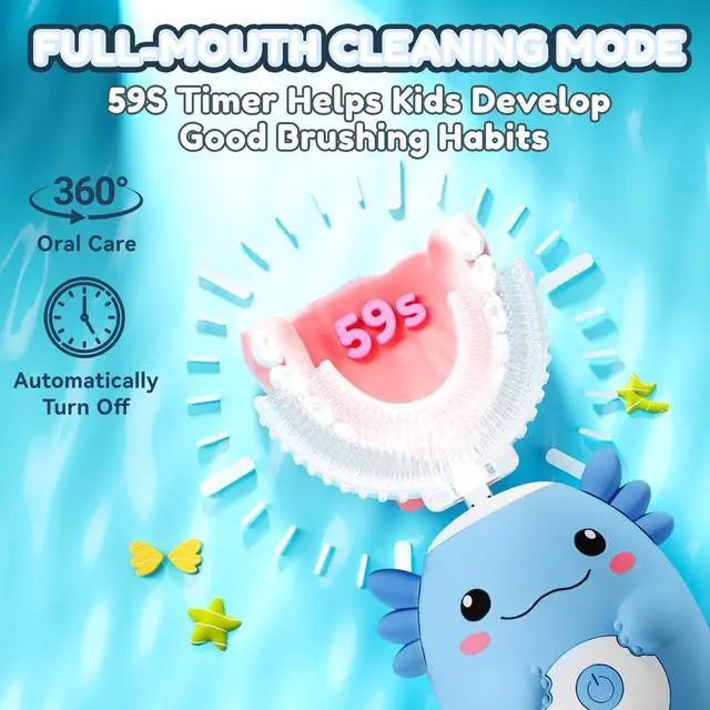 Alt view image 6 of 7 - Kids Electric U Shaped Toothbrush - Axolotl Kids Cartoon Sonic Automatic Toothbrush with 6 Brush Heads Full Mouth 6 Cleaning Modes - Age2-15 Blue