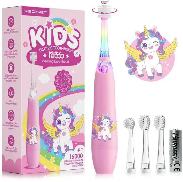 Main image of Electric Toothbrush for Kids Toddler 1-5 Years, Unicorn Toothbrush with LED Light, 360° Sonic Baby Toothbrush, 2 Min Timer, Gentle Vibration, Pink Unicorn Design for Girls