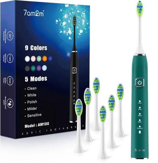 Main image of 7AM2M Ultrasonic Electric Toothbrush with 6 Brush Heads for Adults&Kids, Type C Charging, One Charge for 120 Days, 5 Modes&40000VPM Powered Toothbrush, 2 Minutes Built in Smart Timer (Peacock Green)
