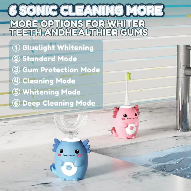 Alt view image 2 of 7 - Kids Electric U Shaped Toothbrush - Axolotl Kids Cartoon Sonic Automatic Toothbrush with 6 Brush Heads Full Mouth 6 Cleaning Modes - Age2-15 Blue