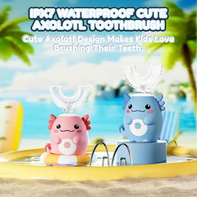 Alt view image 3 of 7 - Kids Electric U Shaped Toothbrush - Axolotl Kids Cartoon Sonic Automatic Toothbrush with 6 Brush Heads Full Mouth 6 Cleaning Modes - Age2-15 Blue