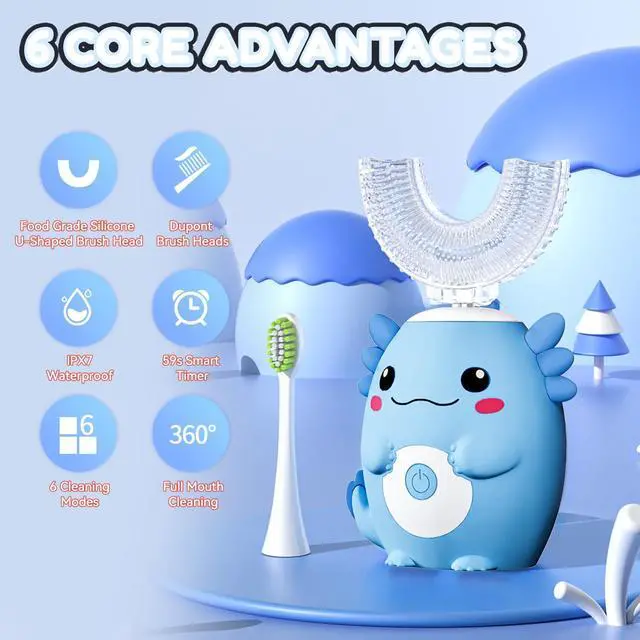Alt view image 4 of 7 - Kids Electric U Shaped Toothbrush - Axolotl Kids Cartoon Sonic Automatic Toothbrush with 6 Brush Heads Full Mouth 6 Cleaning Modes - Age2-15 Blue