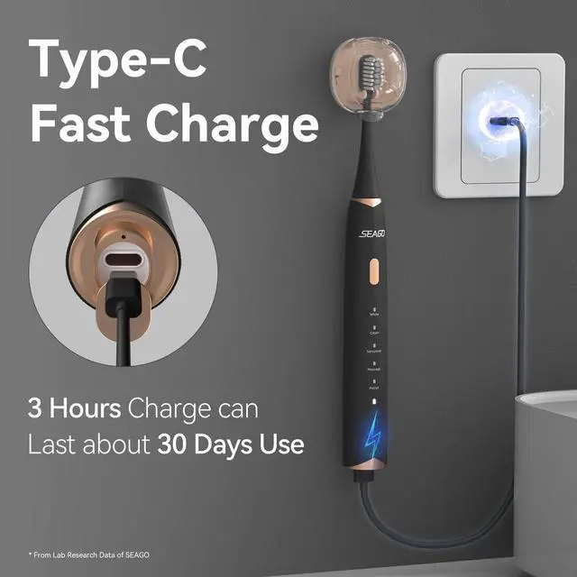 Alt view image 5 of 7 - SEAGO Electric Toothbrush for Adults with Pressure Sensor, Sonic Toothbrushes Holder Wall Mounted, 30 Days Battery Life, 5 Cleaning Modes, 8 Replacement Heads, Timer & IPX7 Waterproof (Black, Middle)