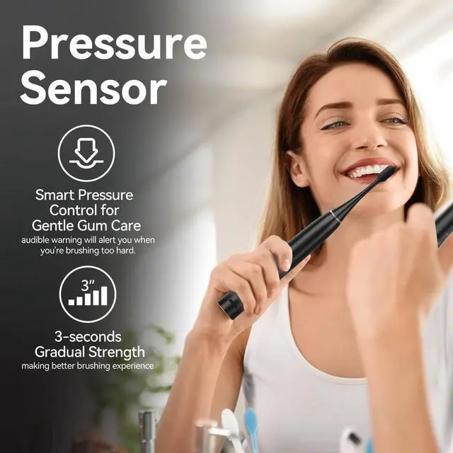 Alt view image 7 of 7 - SEAGO Electric Toothbrush for Adults with Pressure Sensor, Sonic Toothbrushes Holder Wall Mounted, 30 Days Battery Life, 5 Cleaning Modes, 8 Replacement Heads, Timer & IPX7 Waterproof (Black, Middle)