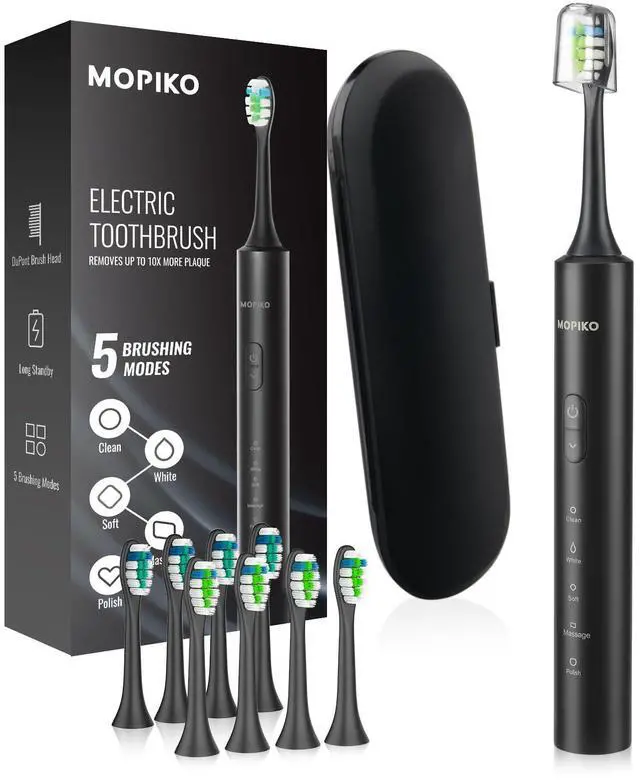 Main image of MOPIKO Sonic Electric Toothbrush for Adults - Rechargeable Black Electric Toothbrush with 8 Brush Heads 5 Modes Sonic Power Toothbrush with Travel Cover