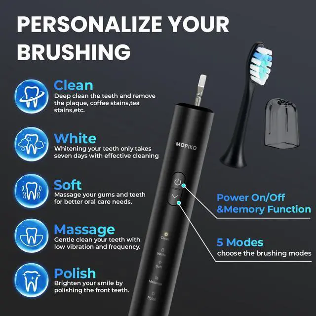 Alt view image 2 of 7 - MOPIKO Sonic Electric Toothbrush for Adults - Rechargeable Black Electric Toothbrush with 8 Brush Heads 5 Modes Sonic Power Toothbrush with Travel Cover