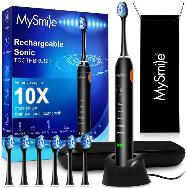 Main image of MySmile UC605 Electric Toothbrush for Adults, Rechargeable Sonic Electronic Toothbrush with 6 Brush Heads and Travel Case, 2 Mins 5 Modes Smart Timer, 48000VPM (Black)