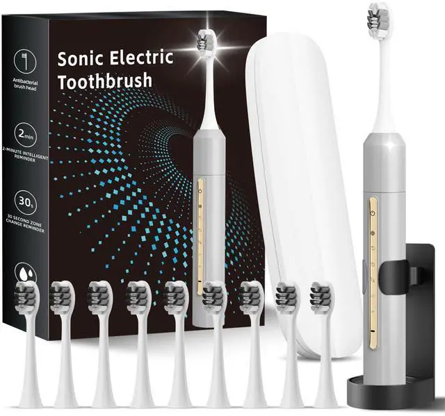 Main image of Lumivoid Sonic Electric Toothbrush for Adults & Kids - 10 Brush Heads, 90-Day Battery, 5 Modes, 2-Min Timer, IPX8 Waterproof, Rechargeable & Travel-Friendly (Silver)
