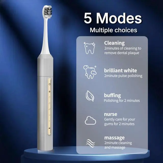 Alt view image 3 of 7 - Lumivoid Sonic Electric Toothbrush for Adults & Kids - 10 Brush Heads, 90-Day Battery, 5 Modes, 2-Min Timer, IPX8 Waterproof, Rechargeable & Travel-Friendly (Silver)
