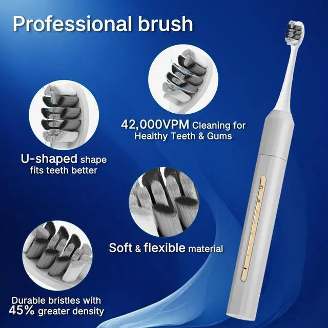 Alt view image 4 of 7 - Lumivoid Sonic Electric Toothbrush for Adults & Kids - 10 Brush Heads, 90-Day Battery, 5 Modes, 2-Min Timer, IPX8 Waterproof, Rechargeable & Travel-Friendly (Silver)