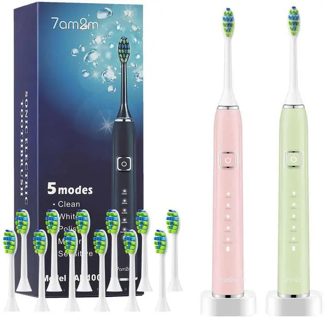 Main image of 7AM2M Electric Toothbrush 2 Pack Set for Kids and Adults, 12 Brush Heads,5 Adjustable Modes, Built-in 2-Minute Smart Timer, Wireless Fast Charge for 60 Days,IPX7Waterproof SonicToothbrush(Green+Pink)