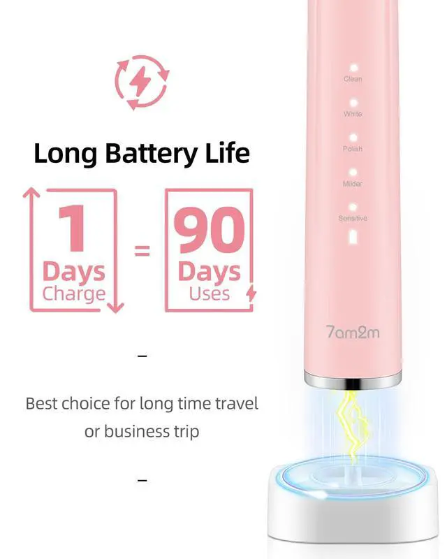Alt view image 3 of 5 - 7AM2M Electric Toothbrush 2 Pack Set for Kids and Adults, 12 Brush Heads,5 Adjustable Modes, Built-in 2-Minute Smart Timer, Wireless Fast Charge for 60 Days,IPX7Waterproof SonicToothbrush(Green+Pink)