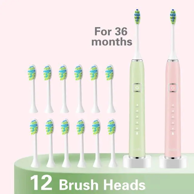 Alt view image 5 of 5 - 7AM2M Electric Toothbrush 2 Pack Set for Kids and Adults, 12 Brush Heads,5 Adjustable Modes, Built-in 2-Minute Smart Timer, Wireless Fast Charge for 60 Days,IPX7Waterproof SonicToothbrush(Green+Pink)