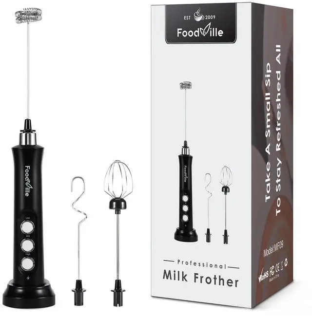 Main image of FoodVille MF09 3 in 1 Rechargeable Milk Frother Handheld Foam Maker with Charging Stand & 3 Stainless Steel Whisks (Black without Case)