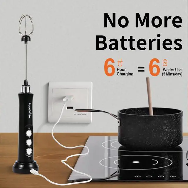 Alt view image 3 of 6 - FoodVille MF09 3 in 1 Rechargeable Milk Frother Handheld Foam Maker with Charging Stand & 3 Stainless Steel Whisks (Black without Case)