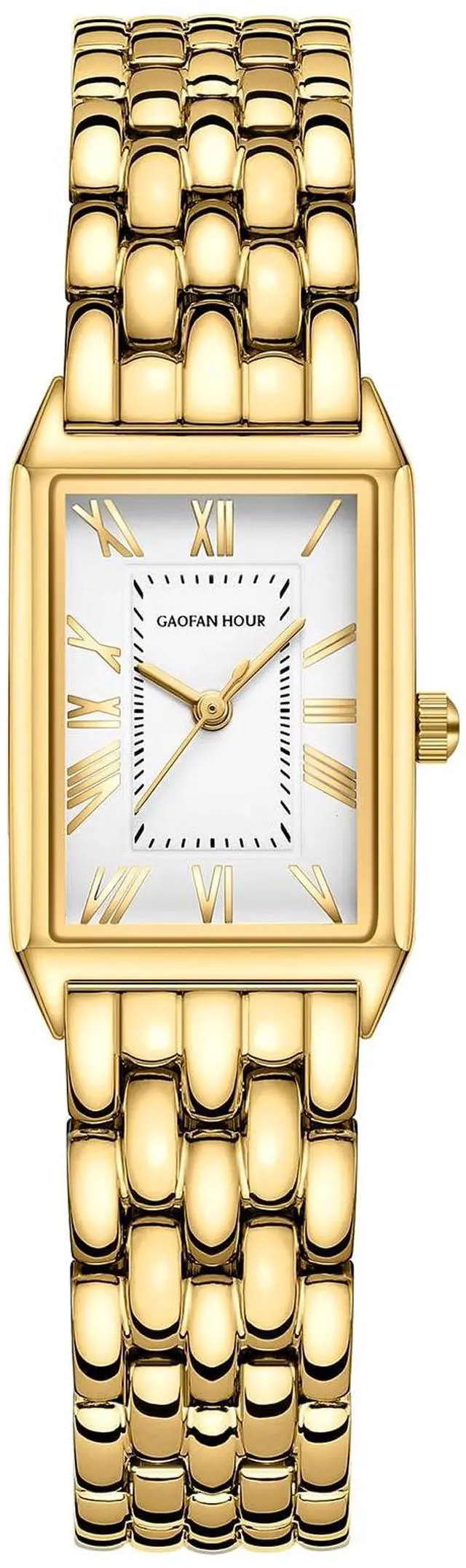Main image of Gold Watches for Women with Vintage Rectangular Case,White Roman Dial,Stainless Steel Band,Adjustment Tool Included,Water Resistant