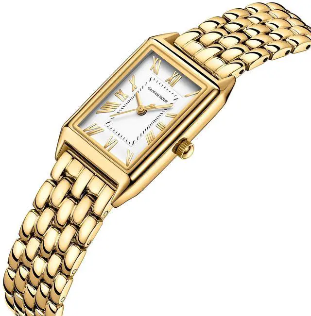 Alt view image 2 of 6 - Gold Watches for Women with Vintage Rectangular Case,White Roman Dial,Stainless Steel Band,Adjustment Tool Included,Water Resistant
