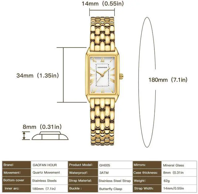 Alt view image 4 of 6 - Gold Watches for Women with Vintage Rectangular Case,White Roman Dial,Stainless Steel Band,Adjustment Tool Included,Water Resistant