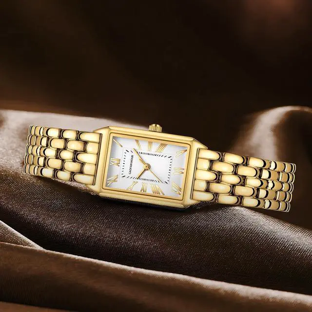 Alt view image 5 of 6 - Gold Watches for Women with Vintage Rectangular Case,White Roman Dial,Stainless Steel Band,Adjustment Tool Included,Water Resistant