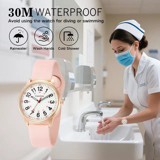 Alt view image 5 of 6 - Casotime 30M Waterproof Nurse Watch - Luminous Easy Read Dial, Second Hand & 24H Military Time, Durable Silicone Band for Nurses, Medical Professionals, Students - Men and Women